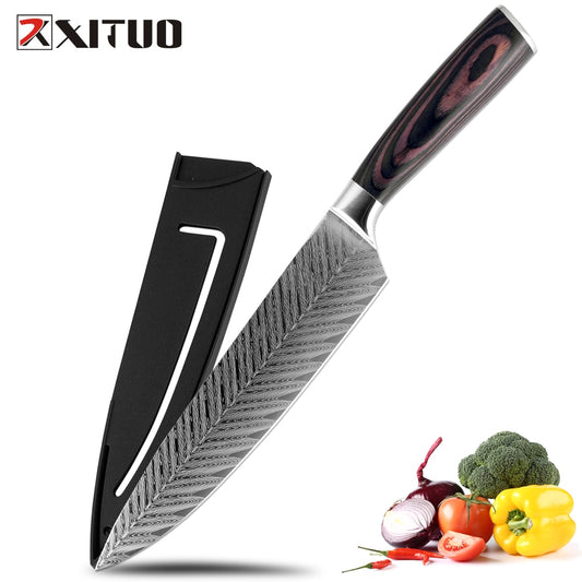 XITUO Kitchen Chef Knives 8 inch Classic pattern Japanese 7CR17 Stainless Steel Sanding Laser Pattern Vegetable Santoku Knife