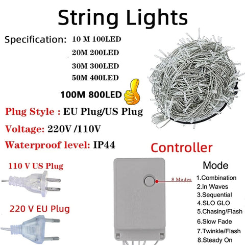 Fairy Lights 10M-100M Led String Garland Christmas Light Waterproof For Tree Home Garden Wedding Party Outdoor Indoor Decoration