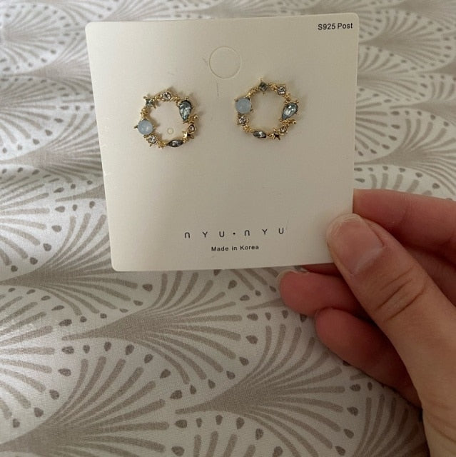 Round Pink Green Crystal Stud Earrings