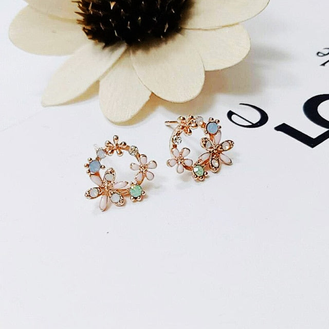 Round Pink Green Crystal Stud Earrings