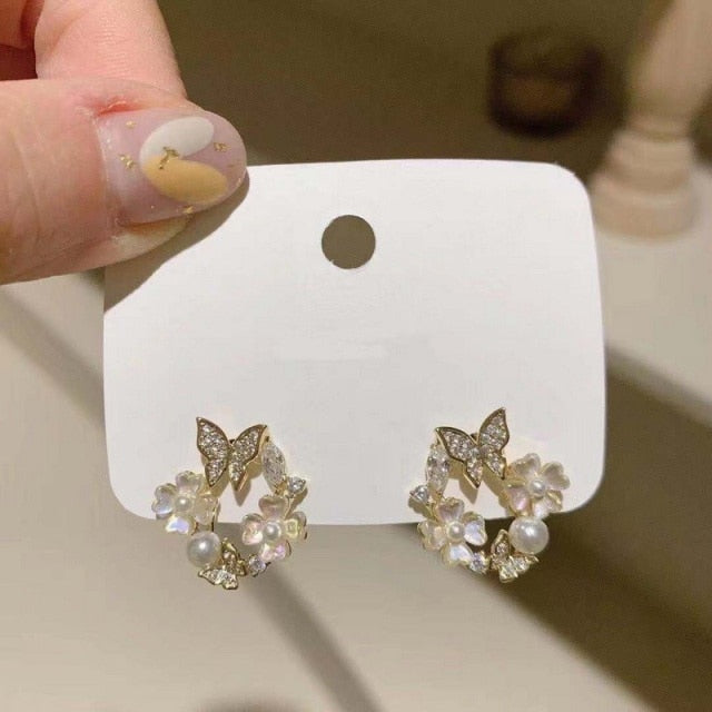 Round Pink Green Crystal Stud Earrings